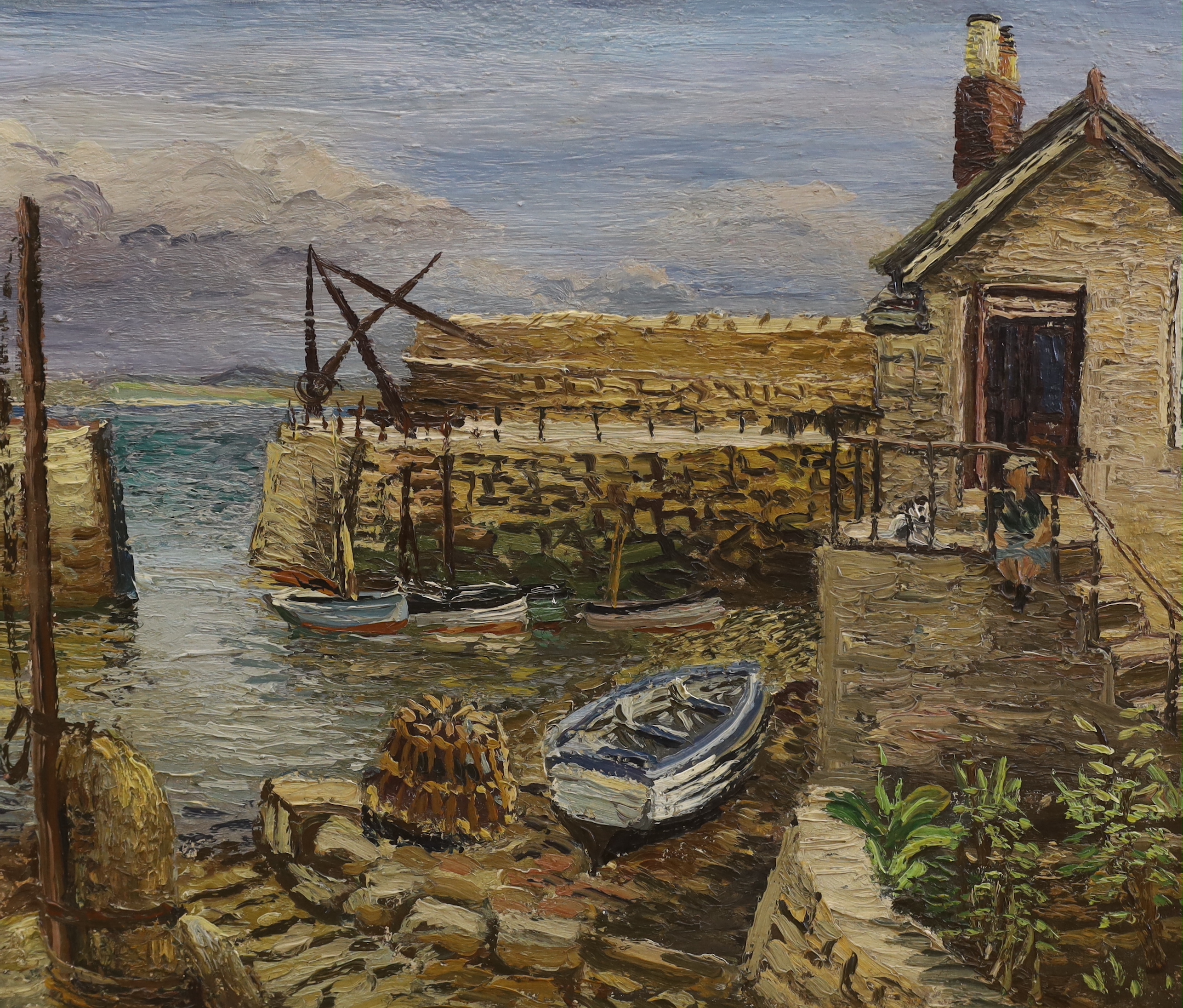 Modern British, two impasto oils on canvas, Cottage garden and Harbour scene with moored fishing boats, largest 60 x 50cm, unframed